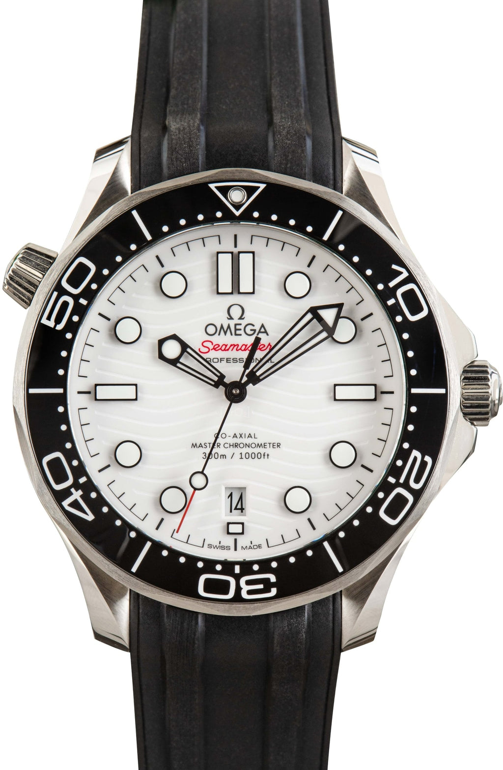 Omega Seamaster Diver 300M features a striking white ceramic dial with a distinctive wave pattern and a durable black rubber strap