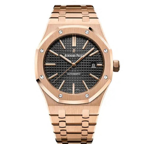 Audemars Piguet Royal Oak Selfwinding watch featuring a distinctive Rose Gold "Grande Tapisserie" stainless steel bracelet.