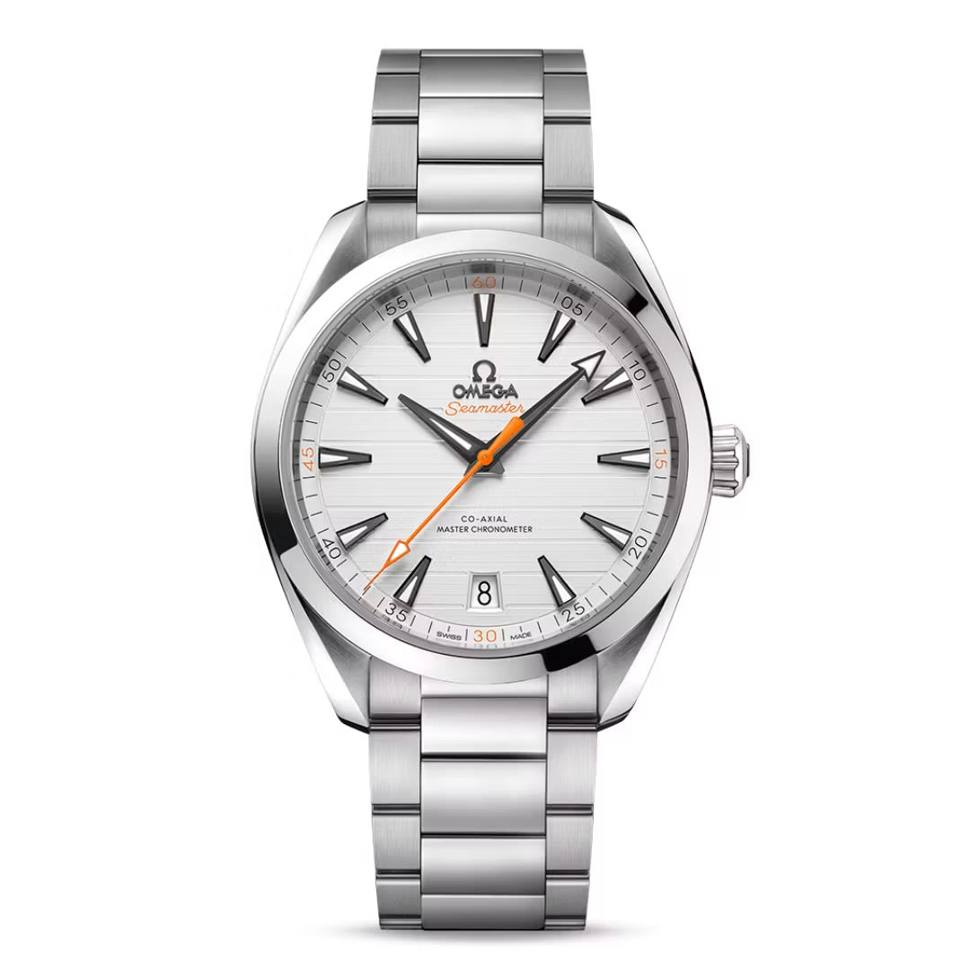 Omega Seamaster Aqua Terra 150M with a white horizontal teak-patterned dial and prominent orange accents