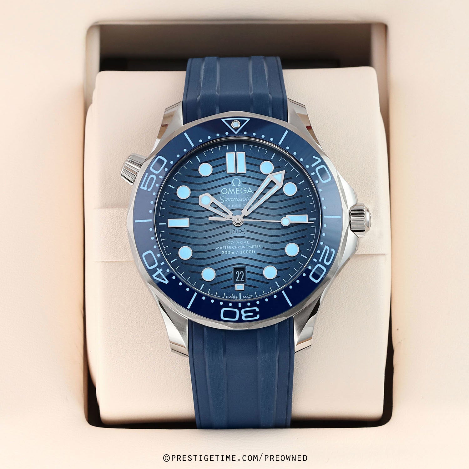 Omega Seamaster Diver 300M, specifically the 75th-anniversary "Summer Blue" edition featuring a distinctive wave-pattern dial