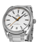 Omega Seamaster Aqua Terra 150M with a white horizontal teak-patterned dial and prominent orange accents