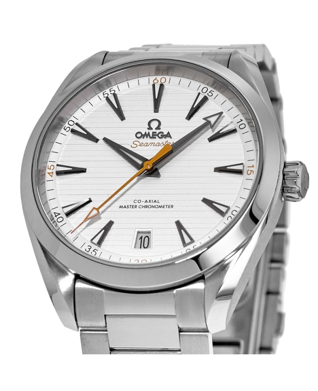 Omega Seamaster Aqua Terra 150M with a white horizontal teak-patterned dial and prominent orange accents