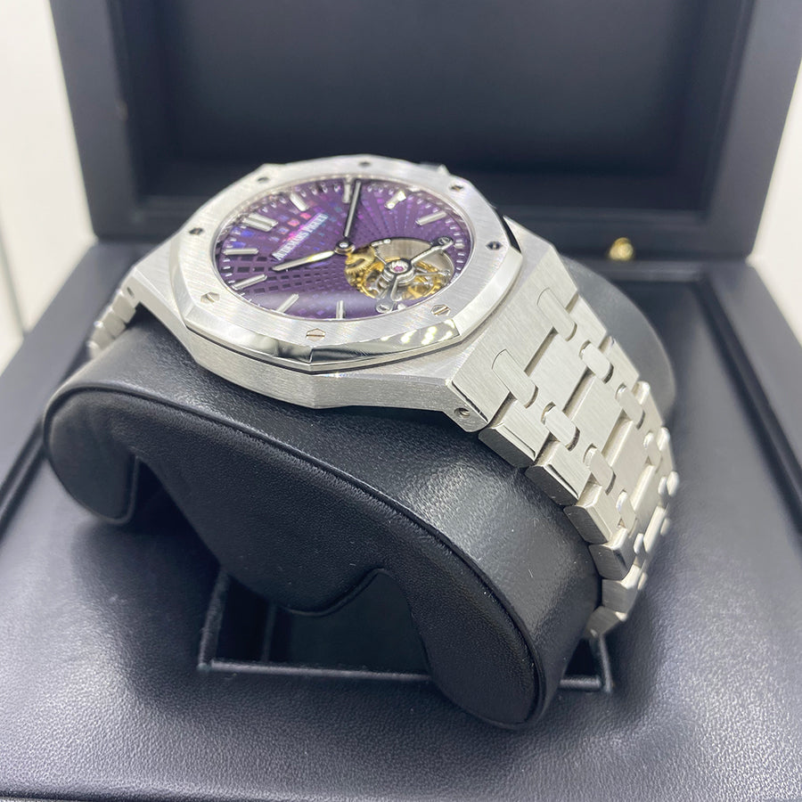 Audemars Piguet Royal Oak Tourbillon Extra-Thin features a unique purple dial with a "Tapisserie Evolutive" sunburst pattern.