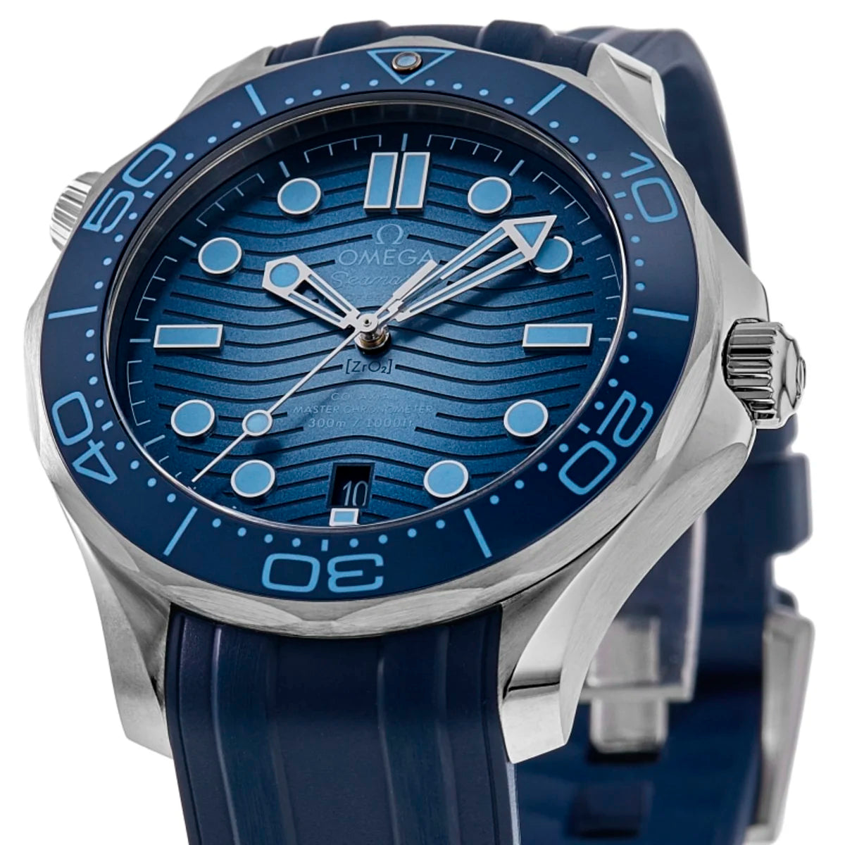 Omega Seamaster Diver 300M, specifically the 75th-anniversary "Summer Blue" edition featuring a distinctive wave-pattern dial