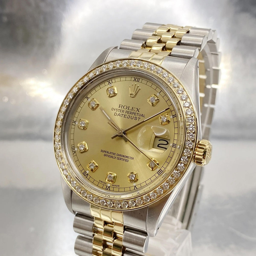 Rolex Datejust 16233 features a 36mm stainless steel case with an yellow gold bezel set with diamonds and a champagne diamond dial