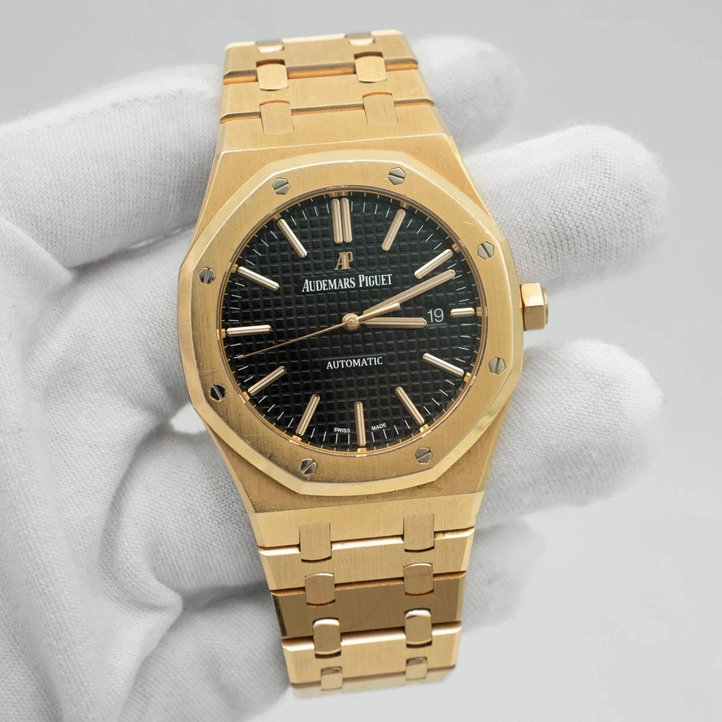 Audemars Piguet Royal Oak Selfwinding watch featuring a distinctive Gold "Grande Tapisserie" stainless steel bracelet.