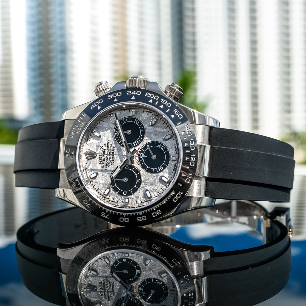 Rolex Cosmograph Daytona features a rare meteorite dial paired with a black Cerachrom bezel and an Oysterflex bracelet.