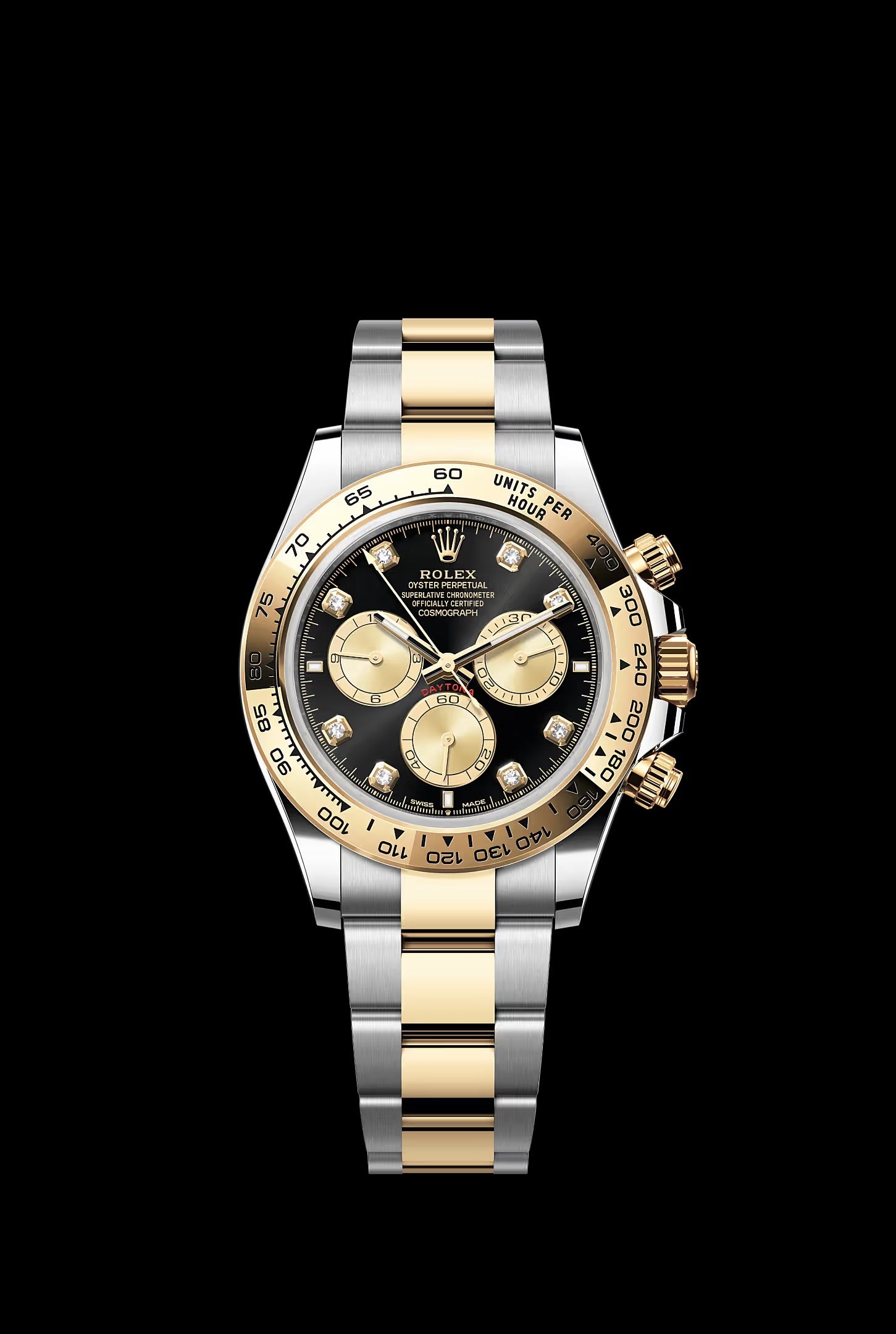 Rolex Cosmograph Daytona watch features a two-tone Oystersteel and yellow gold case with a striking black diamond dial