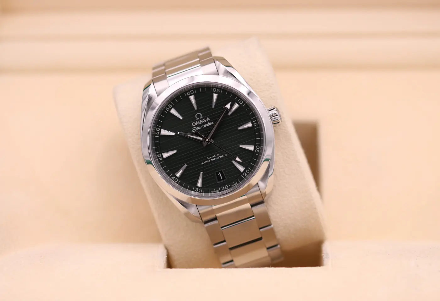 Omega Seamaster Aqua Terra 150M features a stainless steel case and a glossy black lacquered dial.