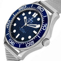 Omega Seamaster Diver 300M James Bond 60th Anniversary Watch with a laser-engraved blue wave dial