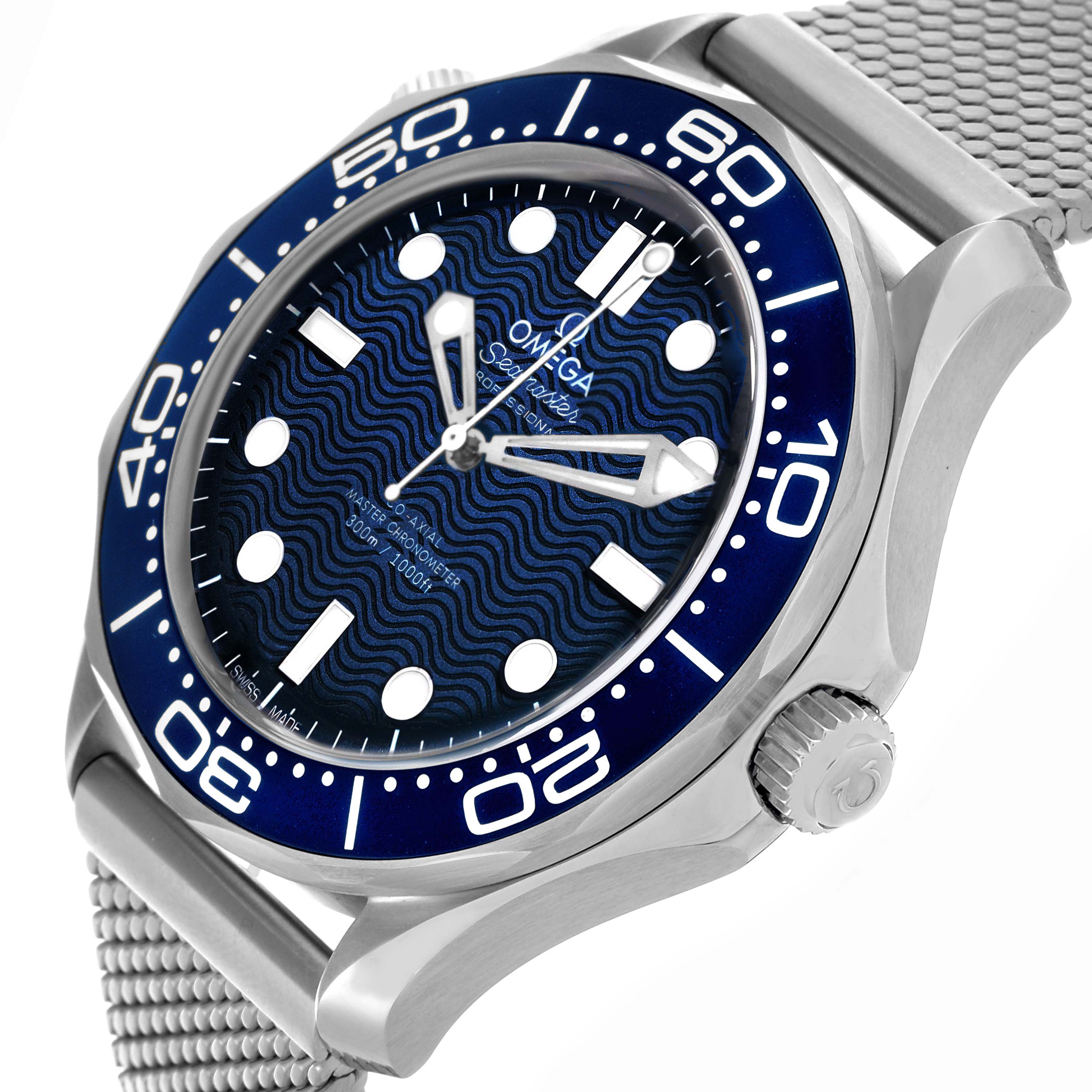 Omega Seamaster Diver 300M James Bond 60th Anniversary Watch with a laser-engraved blue wave dial