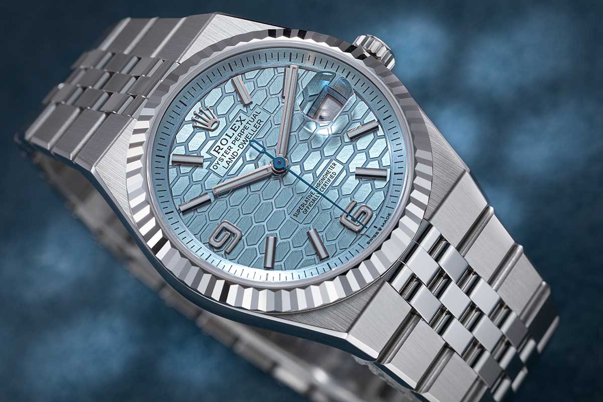 Rolex Land-Dweller watch features a platinum case and an blue dial with a honeycomb motif