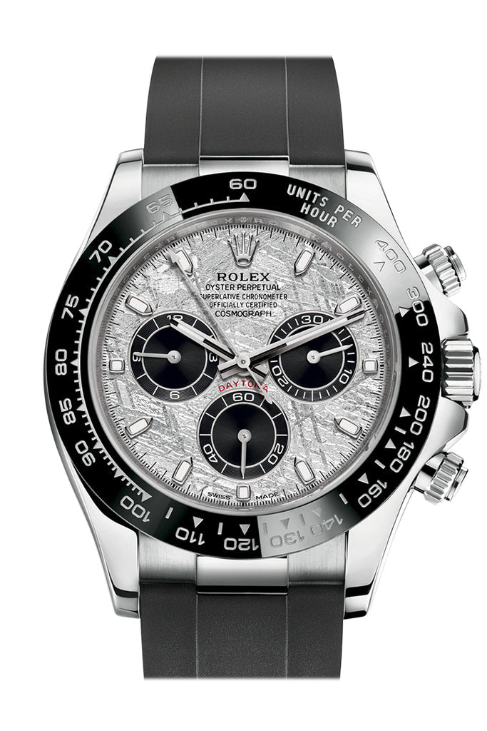 Rolex Cosmograph Daytona features a rare meteorite dial paired with a black Cerachrom bezel and an Oysterflex bracelet.