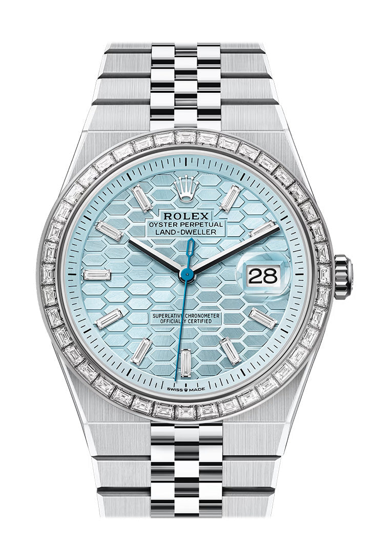 Rolex Land-Dweller in platinum features an blue honeycomb dial and a baguette diamond-set bezel