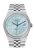 Rolex Land-Dweller in platinum features an blue honeycomb dial and a baguette diamond-set bezel
