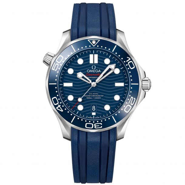 Omega Seamaster Diver 300M, blue ceramic dial with wavy patterns and blue rubber strap
