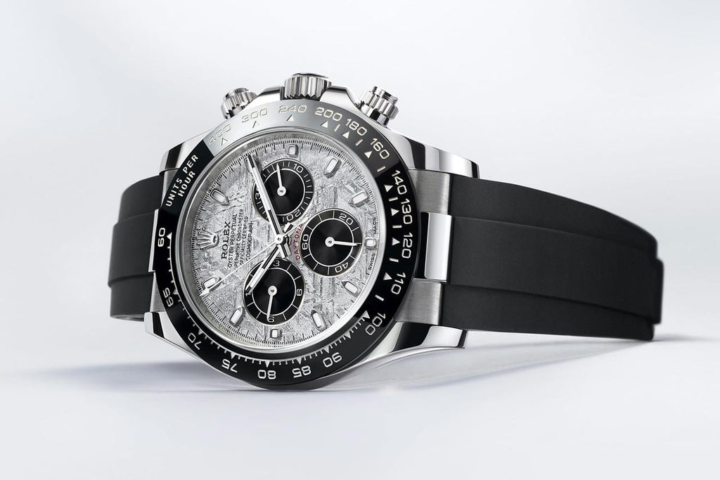 Rolex Cosmograph Daytona features a rare meteorite dial paired with a black Cerachrom bezel and an Oysterflex bracelet.