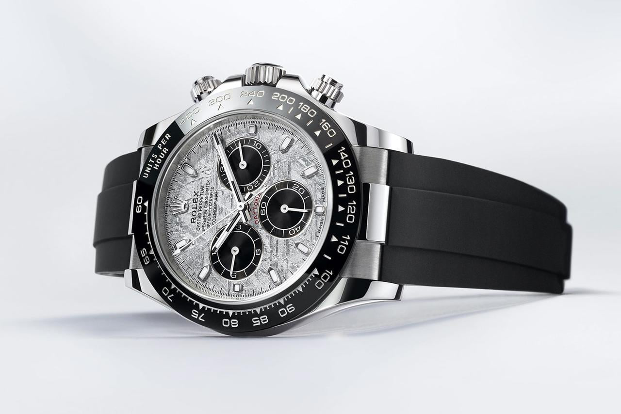 Rolex Cosmograph Daytona features a rare meteorite dial paired with a black Cerachrom bezel and an Oysterflex bracelet.