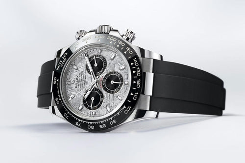 Rolex Cosmograph Daytona features a rare meteorite dial paired with a black Cerachrom bezel and an Oysterflex bracelet.