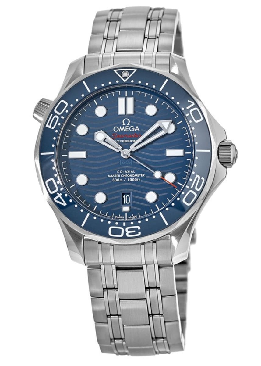 Omega Seamaster Diver 300M watch featuring a distinctive blue ceramic dial with wave patterns