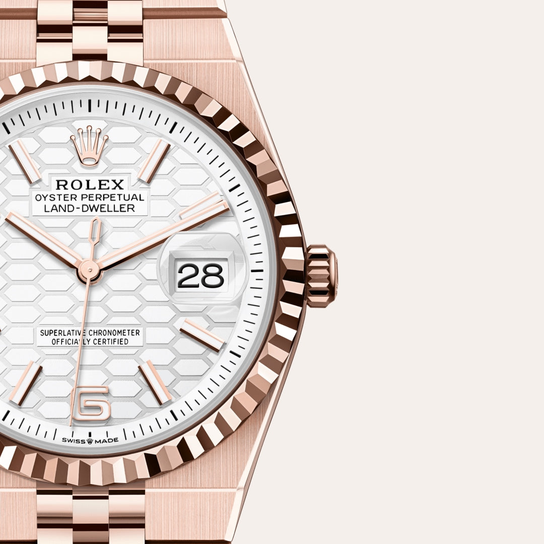 Rolex Land-Dweller watch features an Eve-rose gold case and a unique white honeycomb-motif dial.