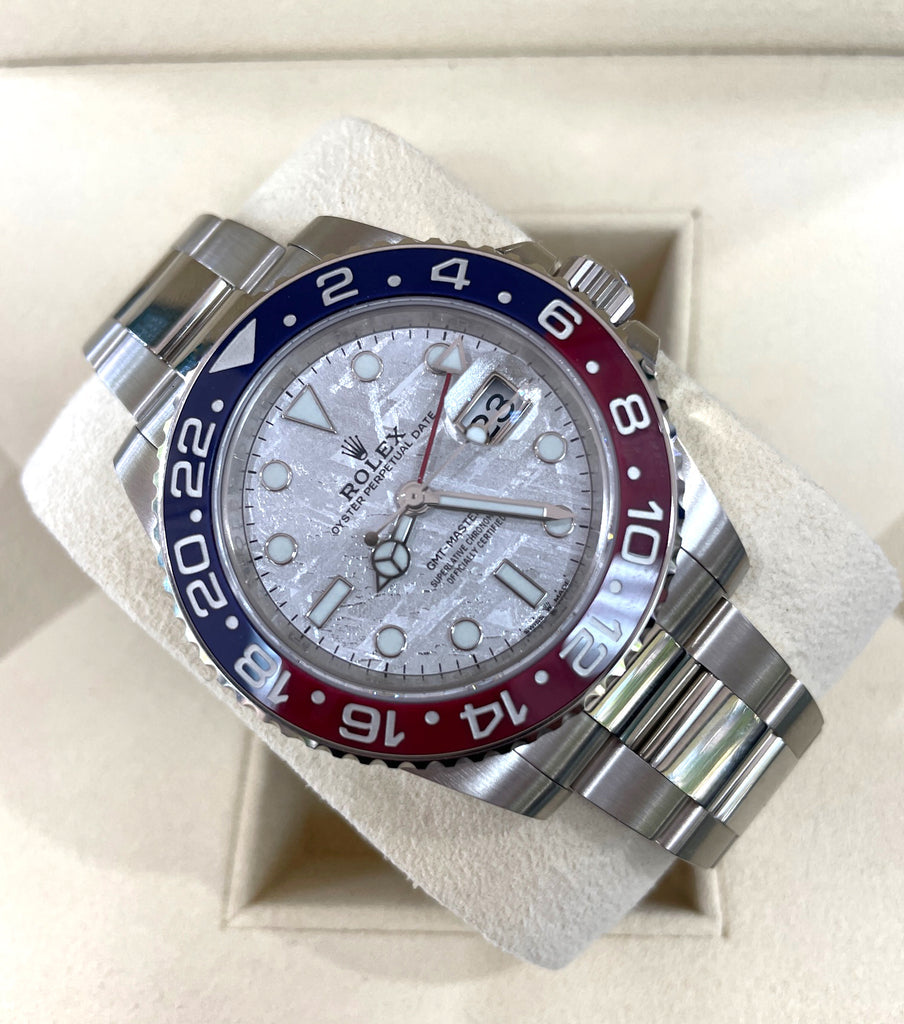 Rolex GMT-Master II 126719BLRO featuring a distinctive meteorite dial and a blue and red "Pepsi" ceramic bezel