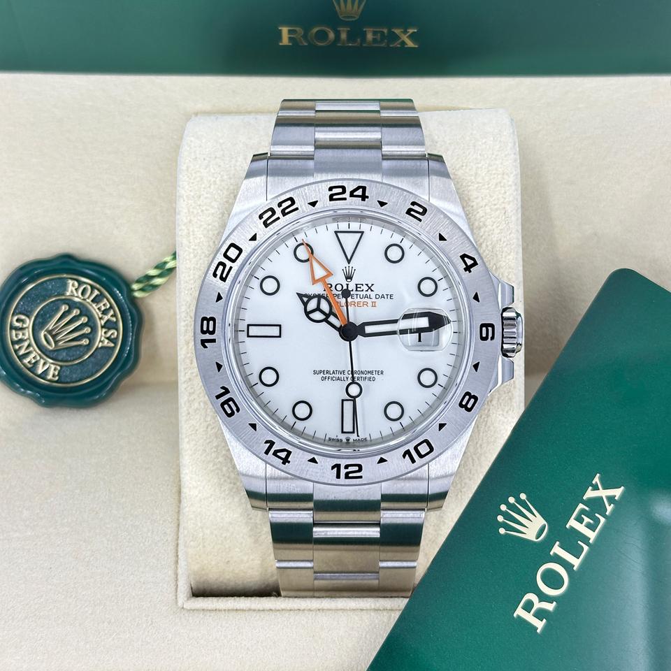 Rolex Explorer II in Oystersteel with a white dial and orange GMT hand