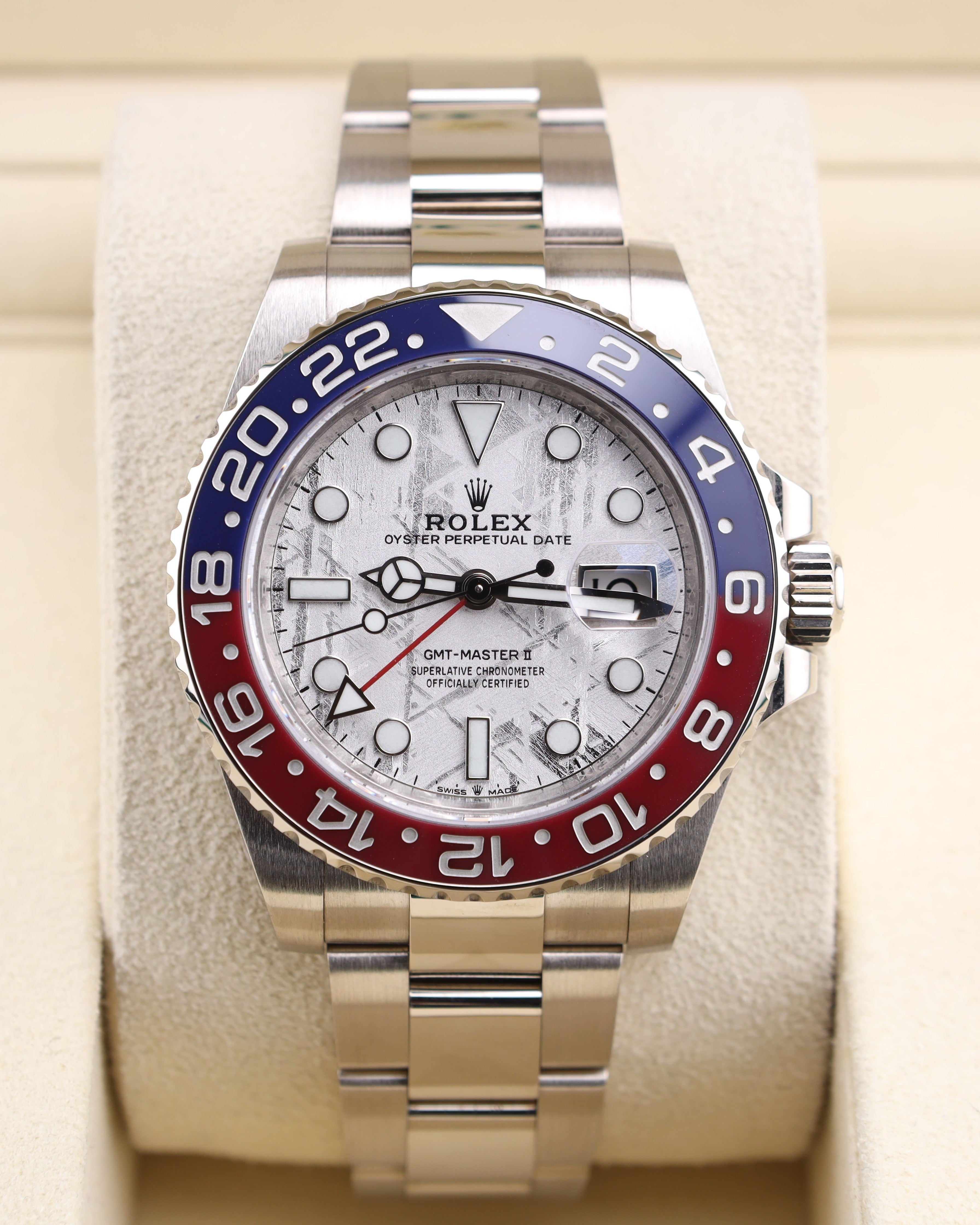 Rolex GMT-Master II 126719BLRO featuring a distinctive meteorite dial and a blue and red "Pepsi" ceramic bezel