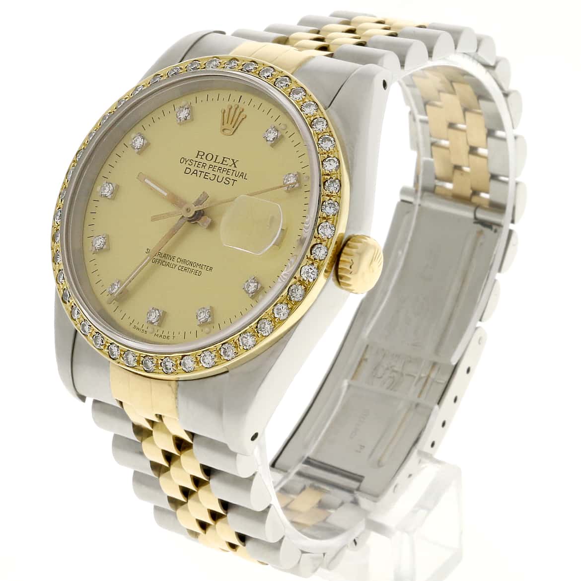 Rolex Datejust 16233 features a 36mm stainless steel case with an yellow gold bezel set with diamonds and a champagne diamond dial