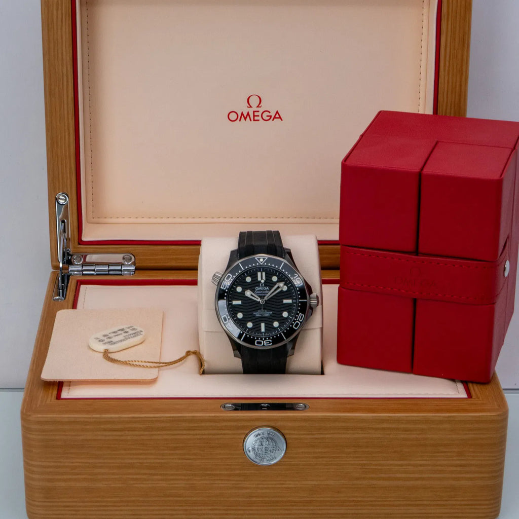 Omega Seamaster Diver 300M Co-Axial Master Chronometer with a black ceramic case and a matching black rubber strap