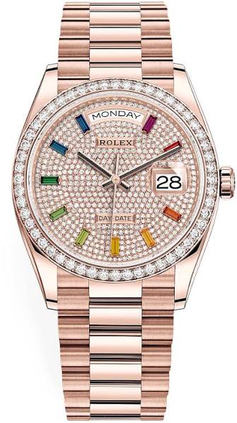 Rolex Day-Date 36mm in Everose gold features a diamond-paved dial with 10 rainbow-colored baguette-cut sapphire hour markers