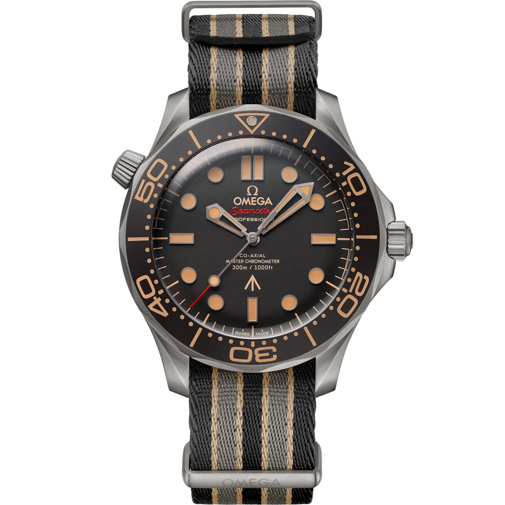 Omega Seamaster Diver 300M 007 Edition watch, featuring a lightweight titanium case and a tropical brown dial
