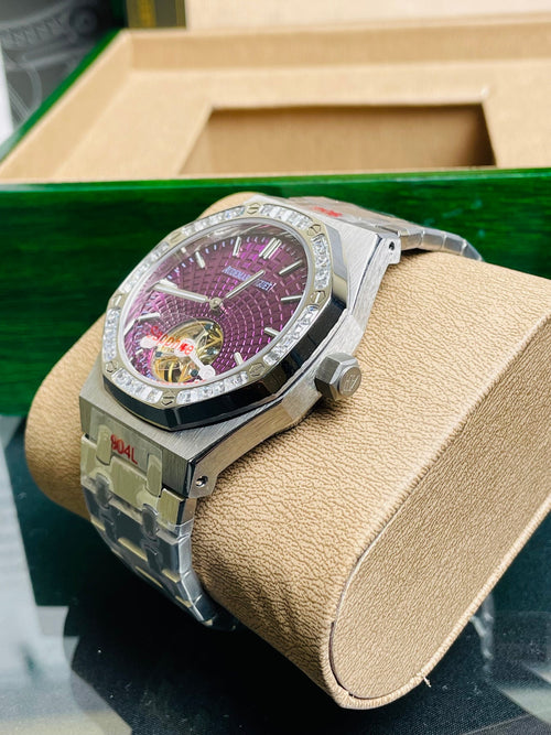 Audemars Piguet Royal Oak Selfwinding Flying Tourbillon features a purple "Plum" dial with a distinct sunburst tapisserie pattern.