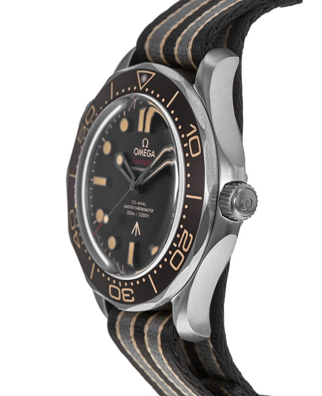 Omega Seamaster Diver 300M 007 Edition watch, featuring a lightweight titanium case and a tropical brown dial