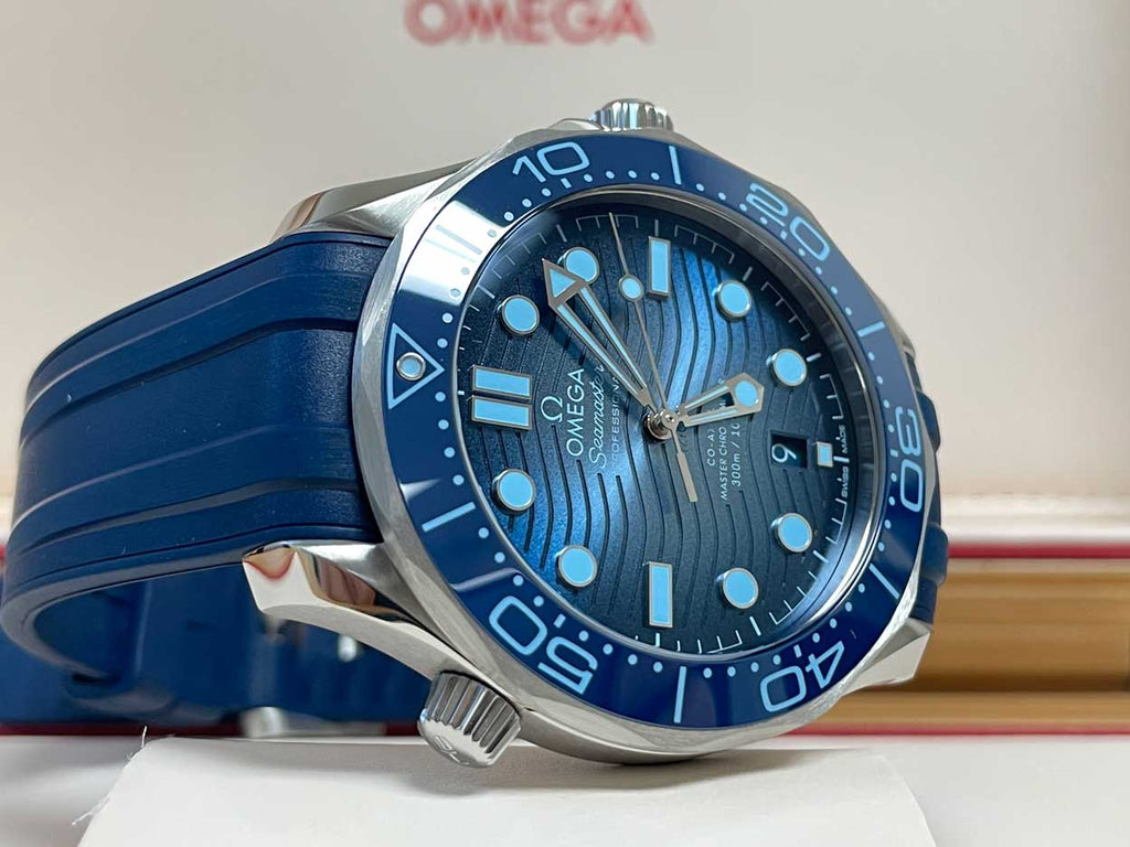 Omega Seamaster Diver 300M, specifically the 75th-anniversary "Summer Blue" edition featuring a distinctive wave-pattern dial