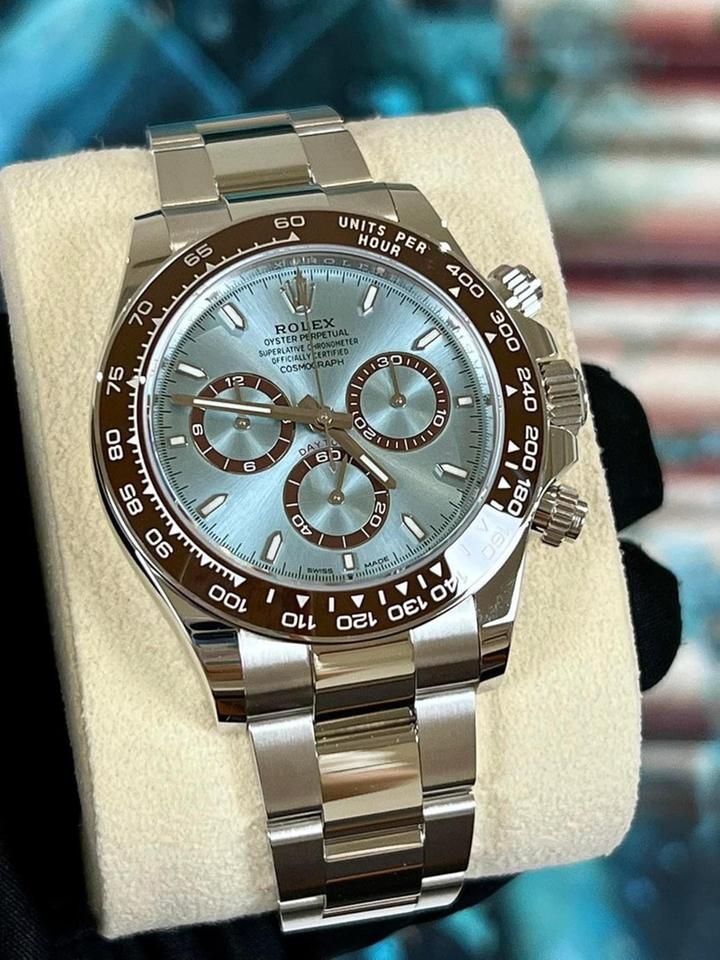 Rolex Cosmograph Daytona platinum a distinct ice blue dial with a chestnut brown bezel. unique exhibition caseback that showcases the every movement