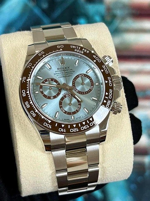 Rolex Cosmograph Daytona featuring a distinct ice blue dial with a chestnut brown bezel