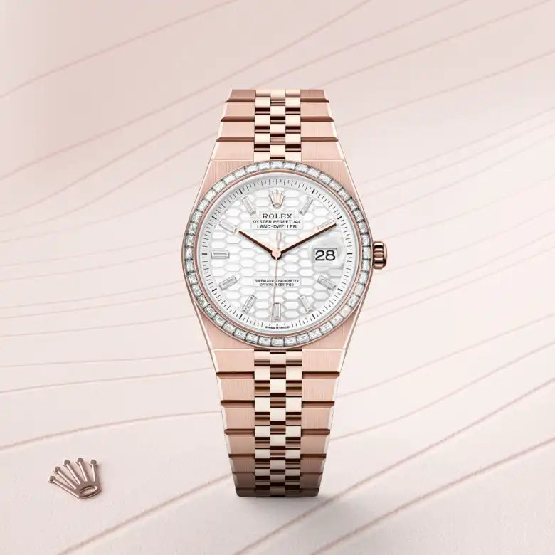 Rolex Land-Dweller watch features a distinctive white honeycomb-motif dial and an Eve-rose gold case