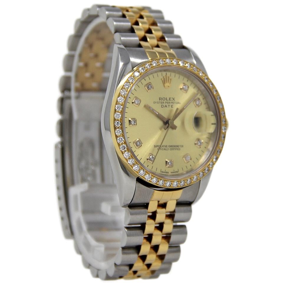 Rolex Datejust 16233 features a 36mm stainless steel case with an yellow gold bezel set with diamonds and a champagne diamond dial