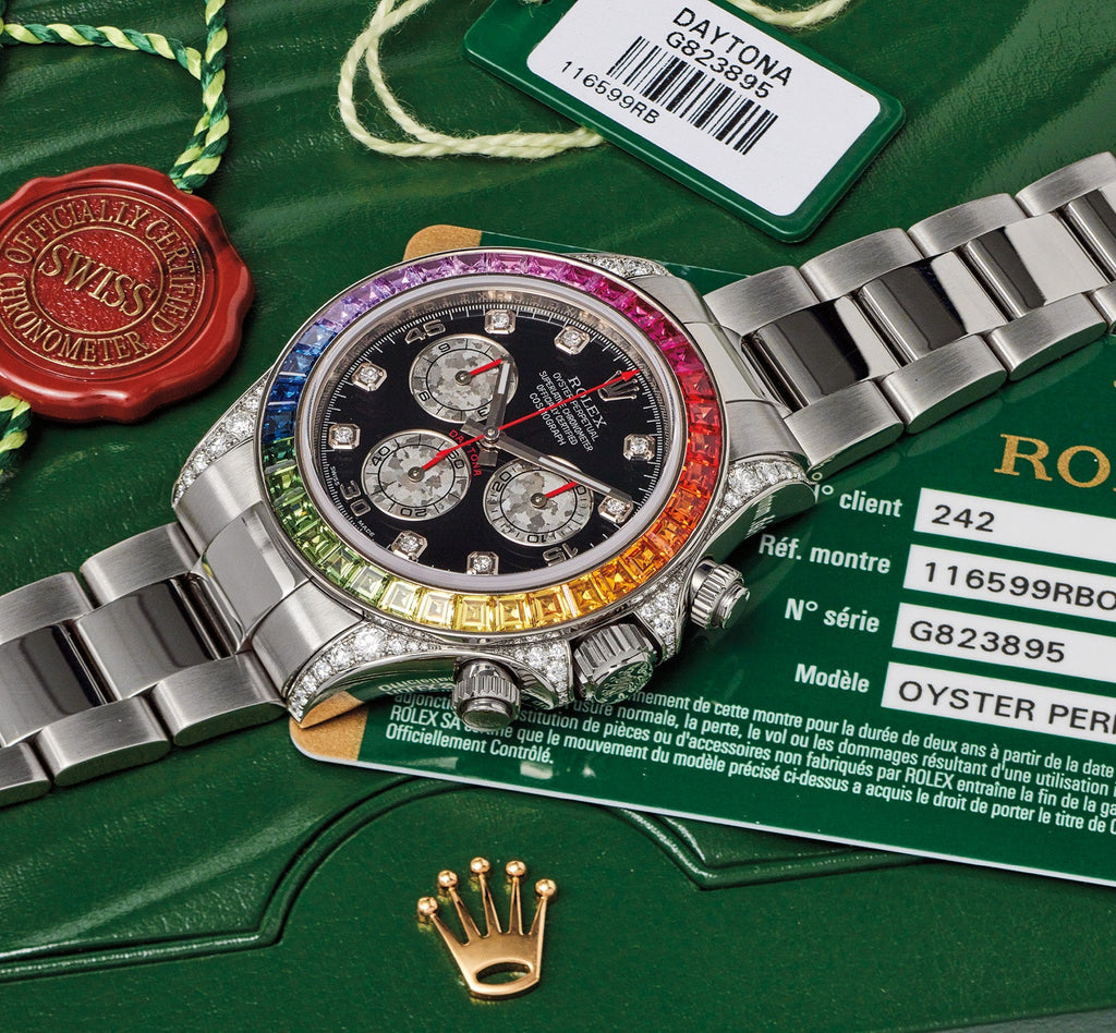 Rolex Cosmograph Daytona features a custom rainbow sapphire bezel and diamond-set lugs
