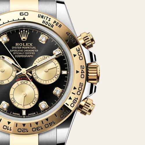Rolex Cosmograph Daytona watch features a two-tone Oystersteel and yellow gold case with a striking black diamond dial