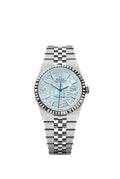 Rolex Land-Dweller watch features a platinum case and an blue dial with a honeycomb motif