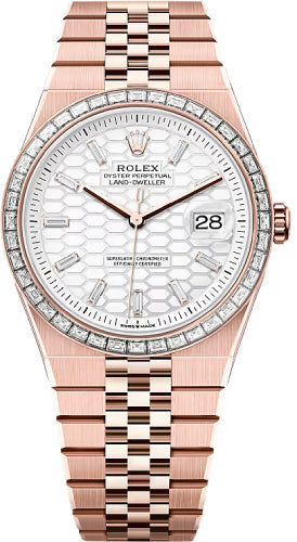 Rolex Land-Dweller watch features a distinctive white honeycomb-motif dial and an Eve-rose gold case
