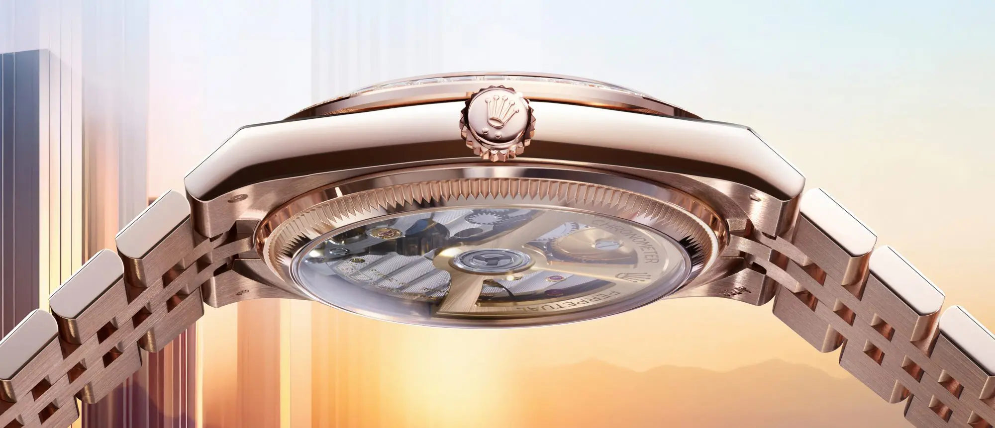 Rolex Land-Dweller watch features a distinctive white honeycomb-motif dial and an Eve-rose gold case
