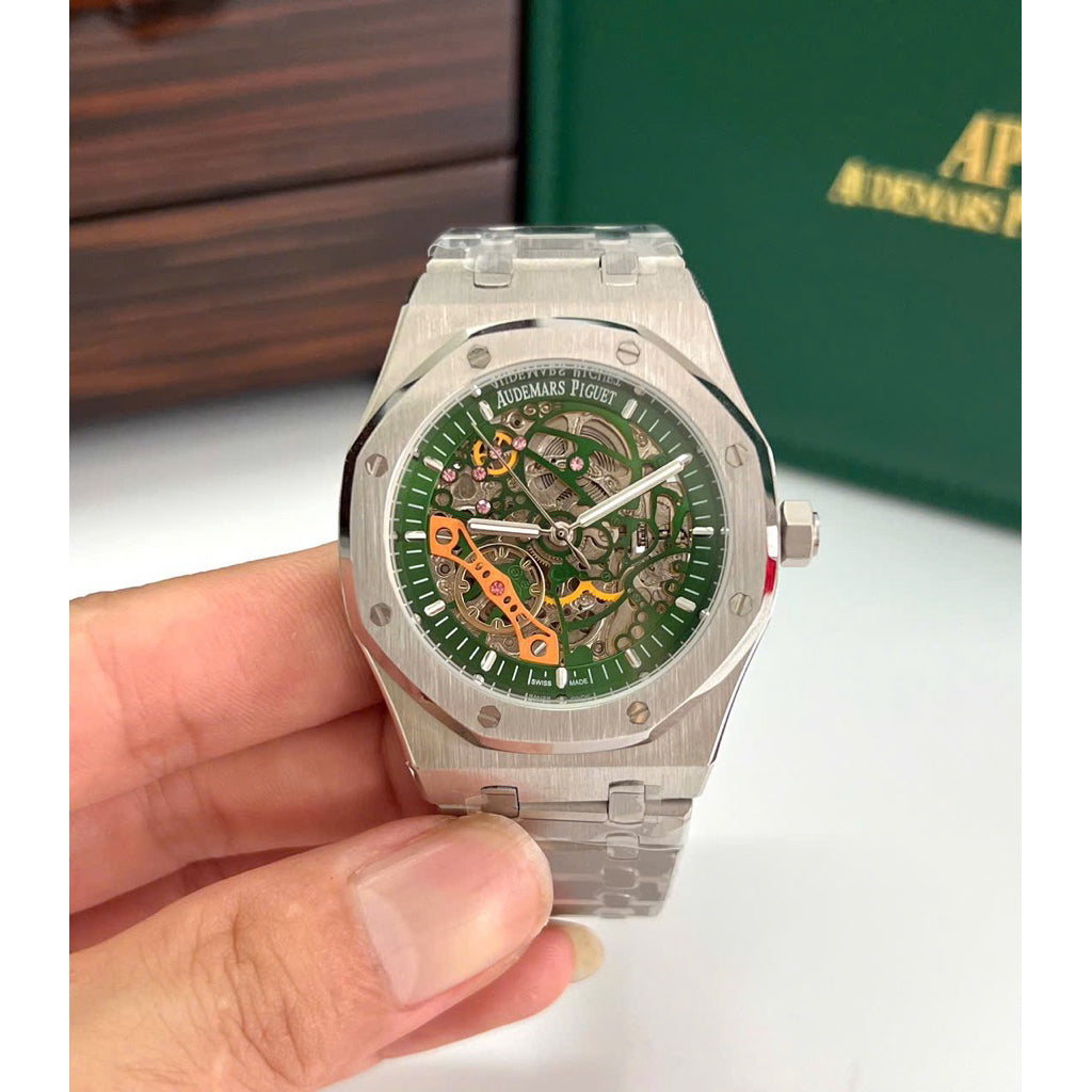 Audemars Piguet Royal Oak Openworked watch features a distinctive stainless steel octagonal bezel with visible screws and an intricate skeletonized dial.
