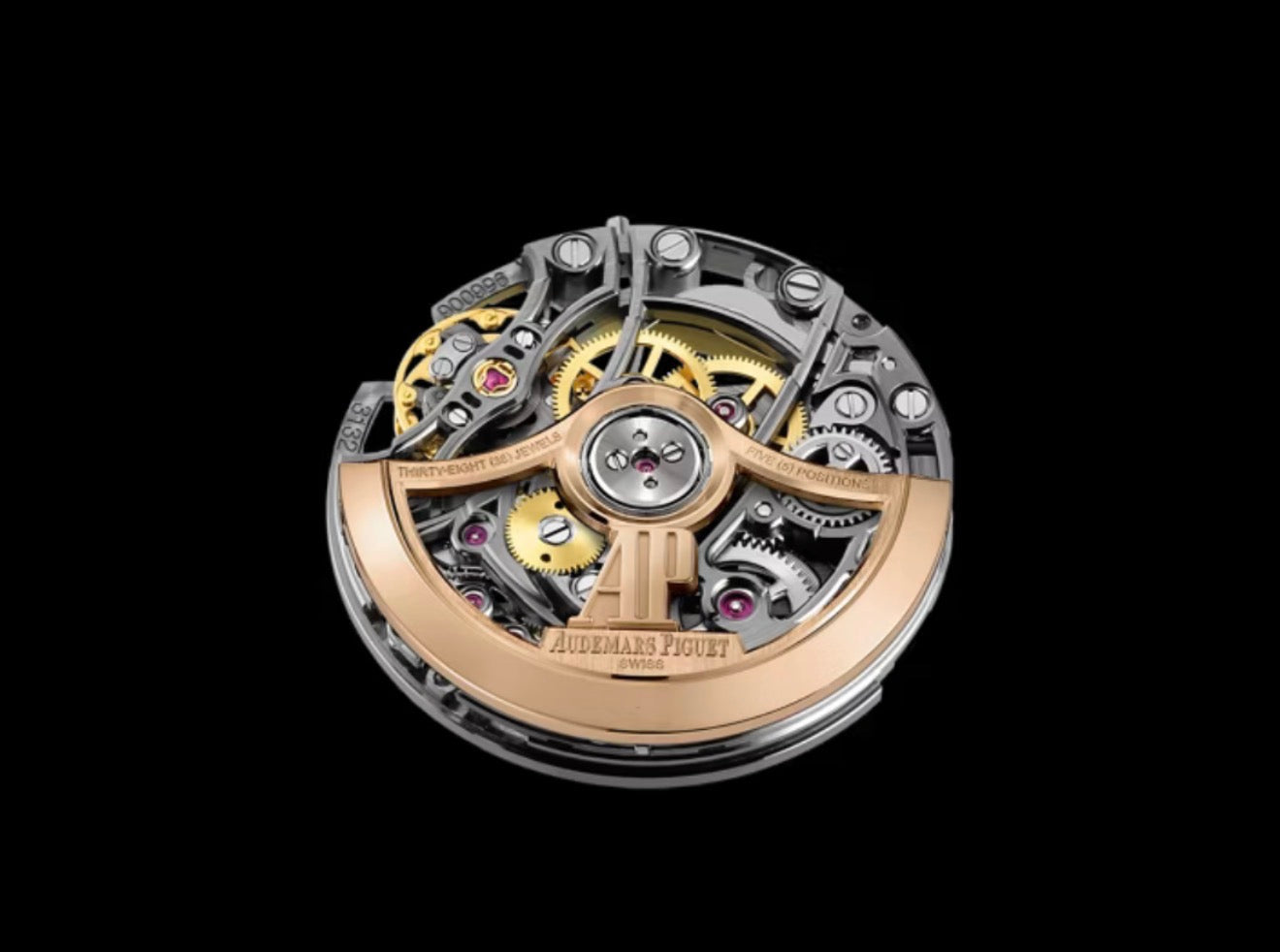 Audemars Piguet Royal Oak Openworked watch features a distinctive gold stainless steel octagonal bezel with visible screws and an intricate skeletonized dial.